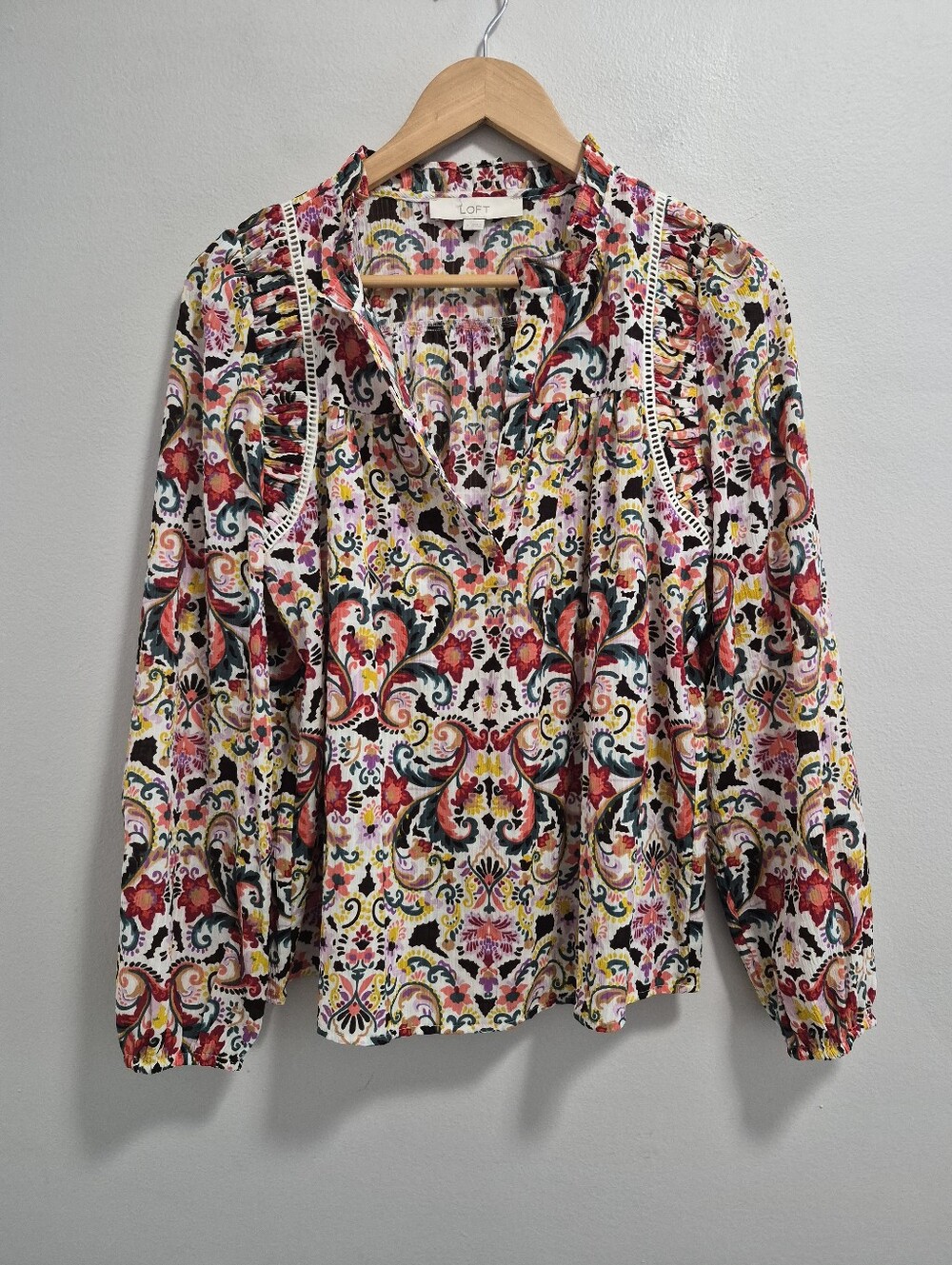 LOFT Floral Forest Lace Crochet Ruffle Trim Tunic Blouse Size Small
